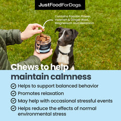 JustFoodForDogs ingredientes grado humano planta masticables, con ingredientes reconocibles para perros.