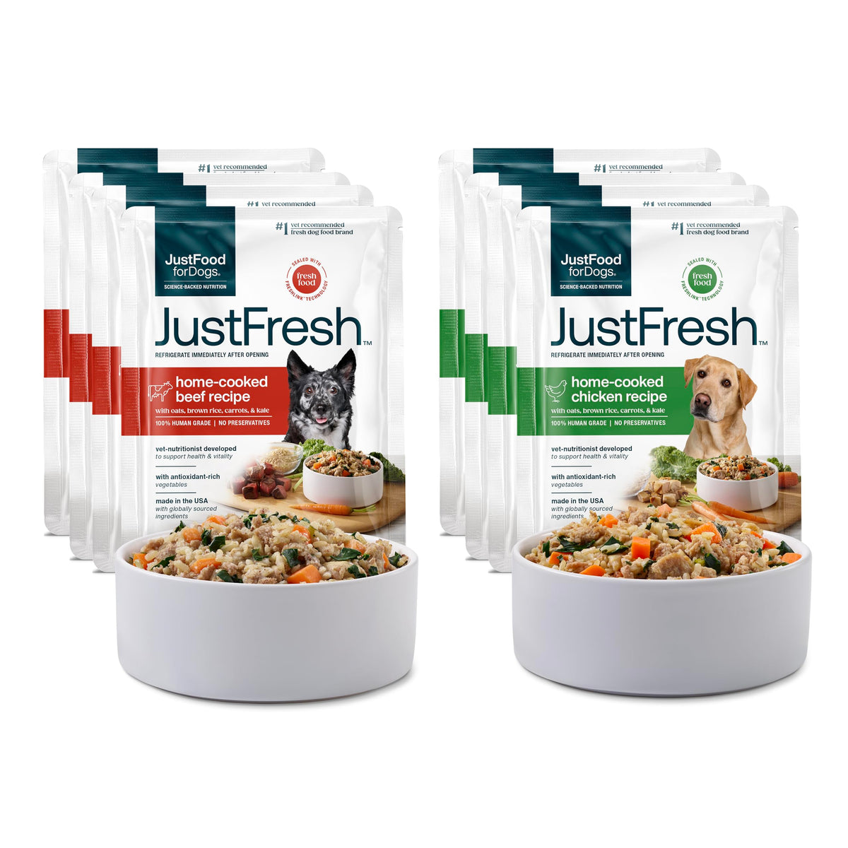 JustFresh de JustFoodForDogs: bolsa abierta con porciones listas para servir, conveniente para comidas rápidas