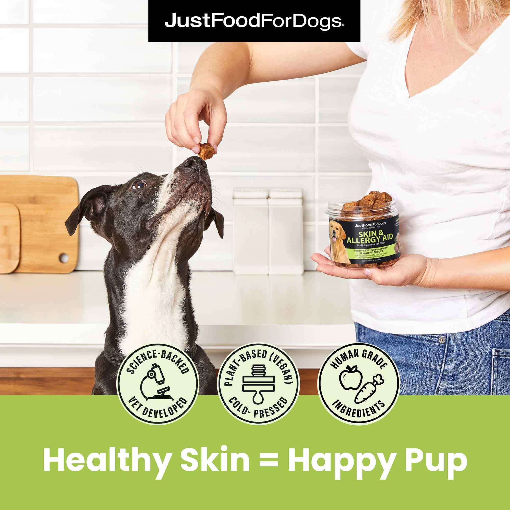 JustFoodForDogs multivitaminas para perros, cuidado general y energía diaria.