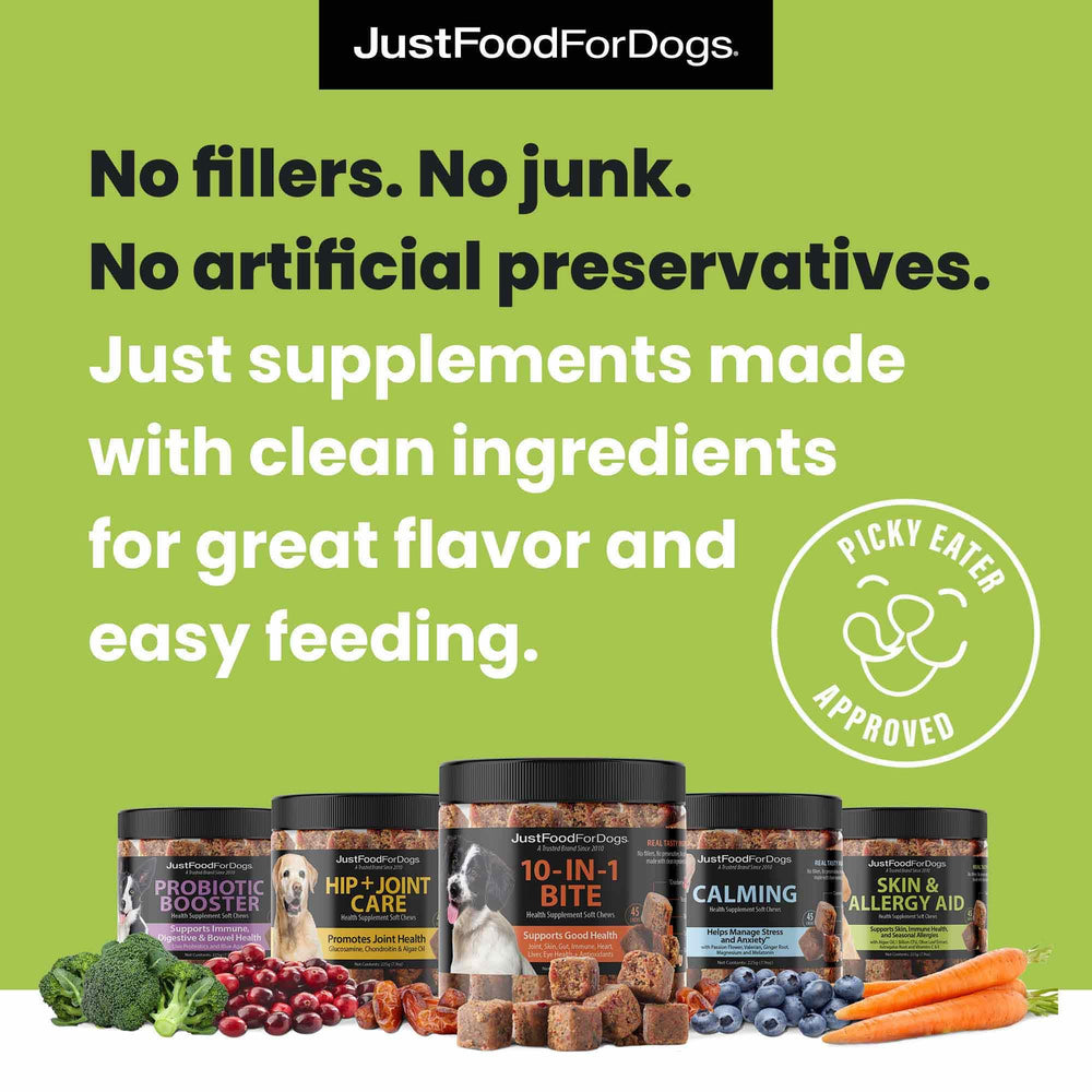 JustFoodForDogs multivitaminas para todas las edades, apoyo nutricional diario.