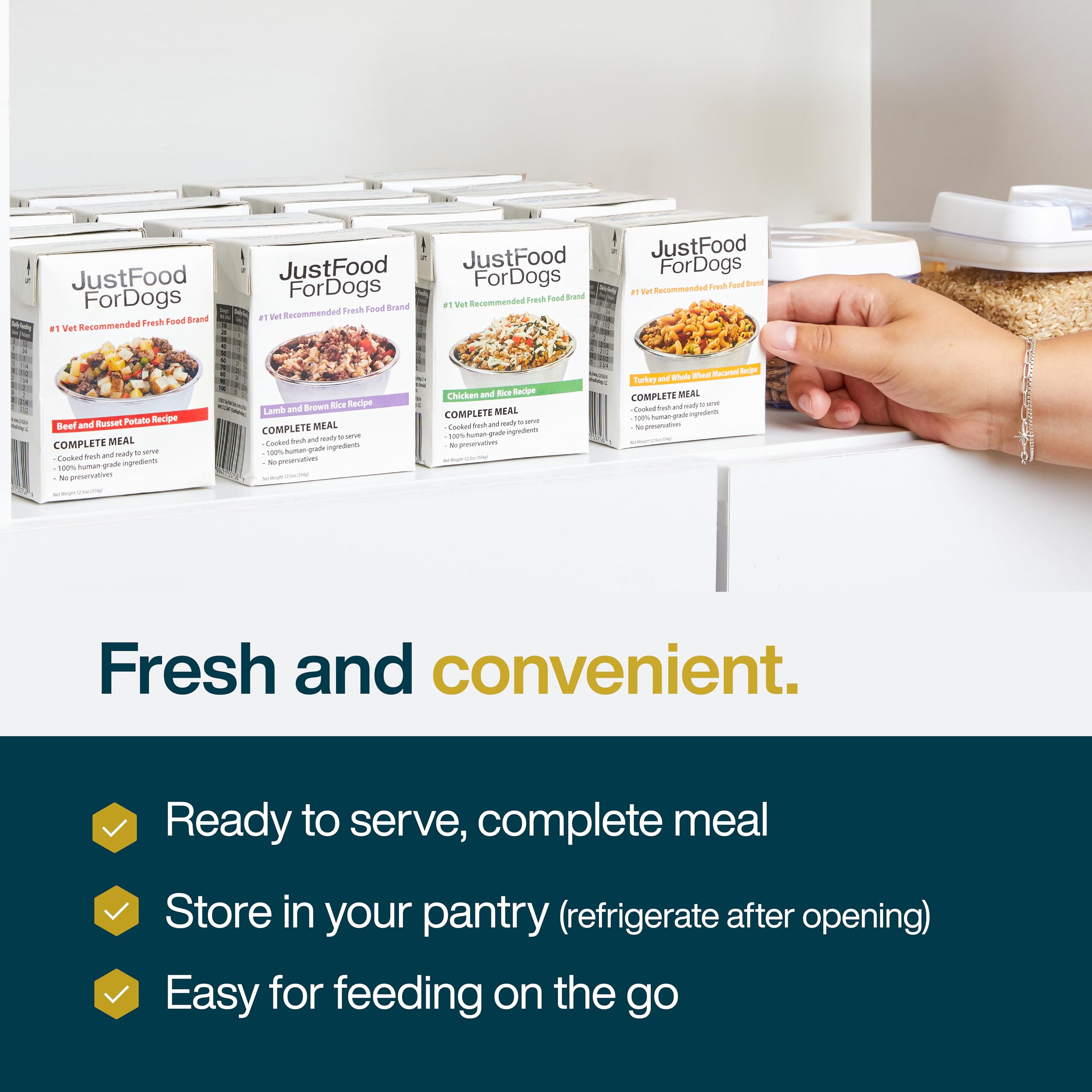JustFoodForDogs Pantry Fresh, textura húmeda y sabrosa para el paladar del perro.