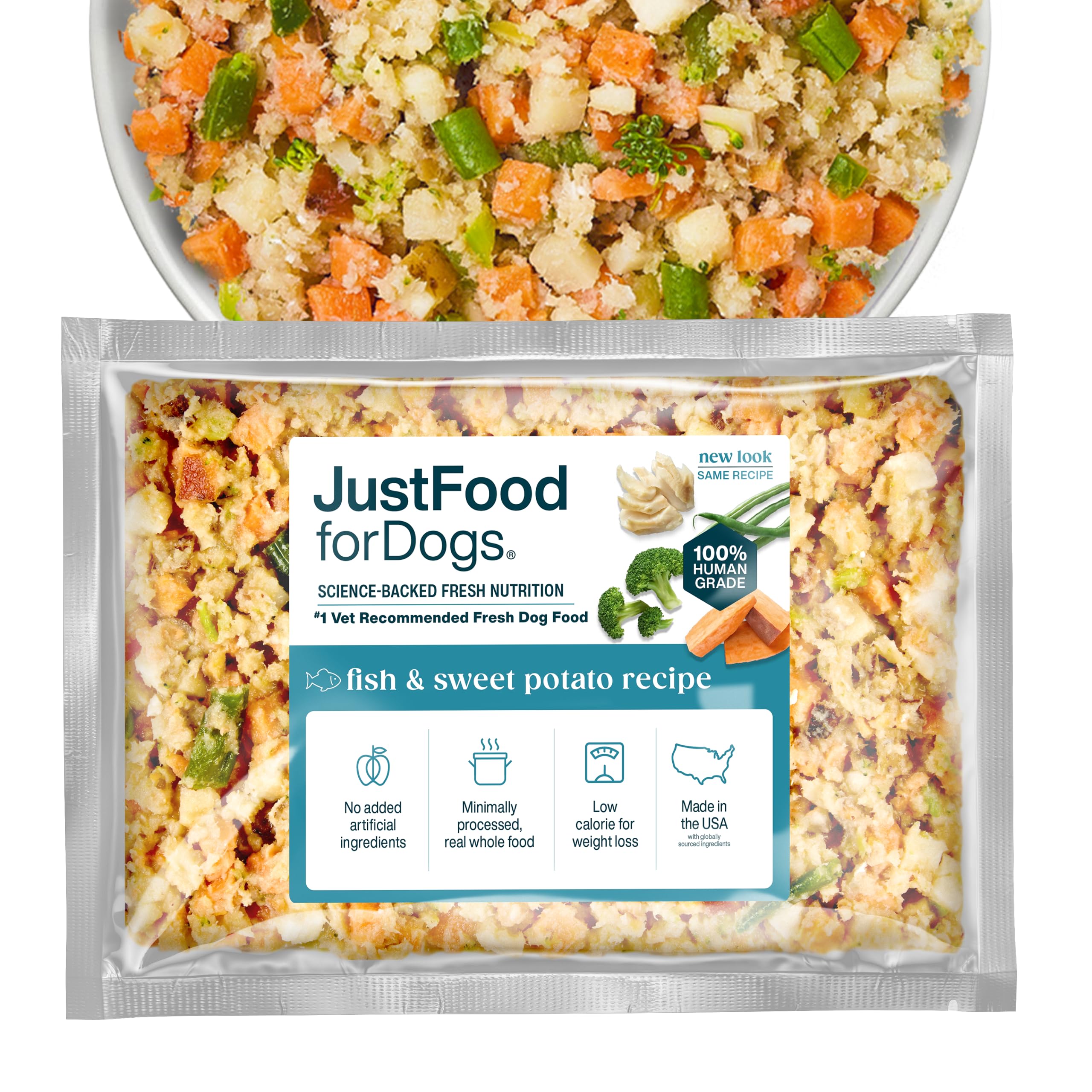 JustFoodForDogs pescado-batata-frente: apoyo para piel y pelaje saludables.