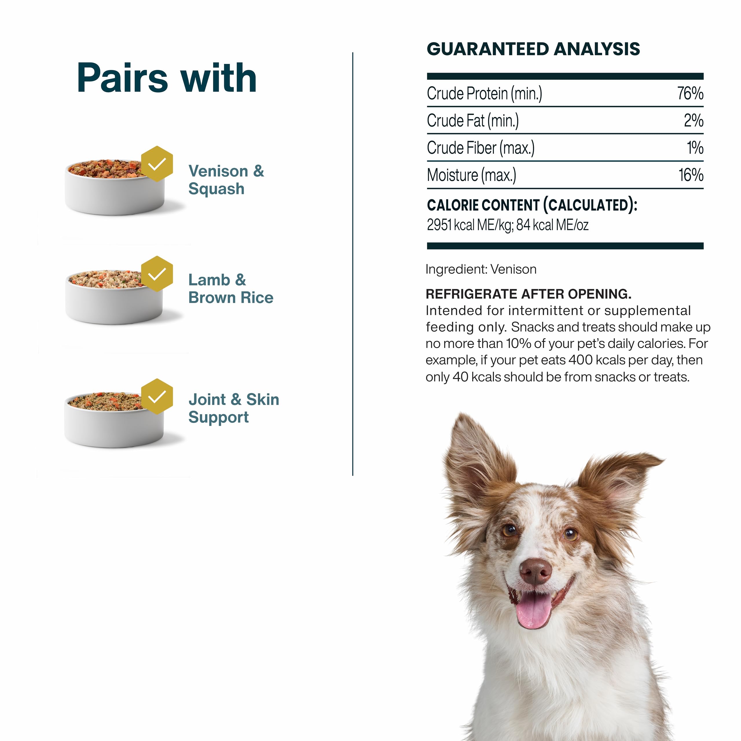 JustFoodForDogs snack de venado para perros de cualquier tamaño.