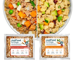 JustFoodForDogs topper congelado de res y pavo, 18 porciones para perros.