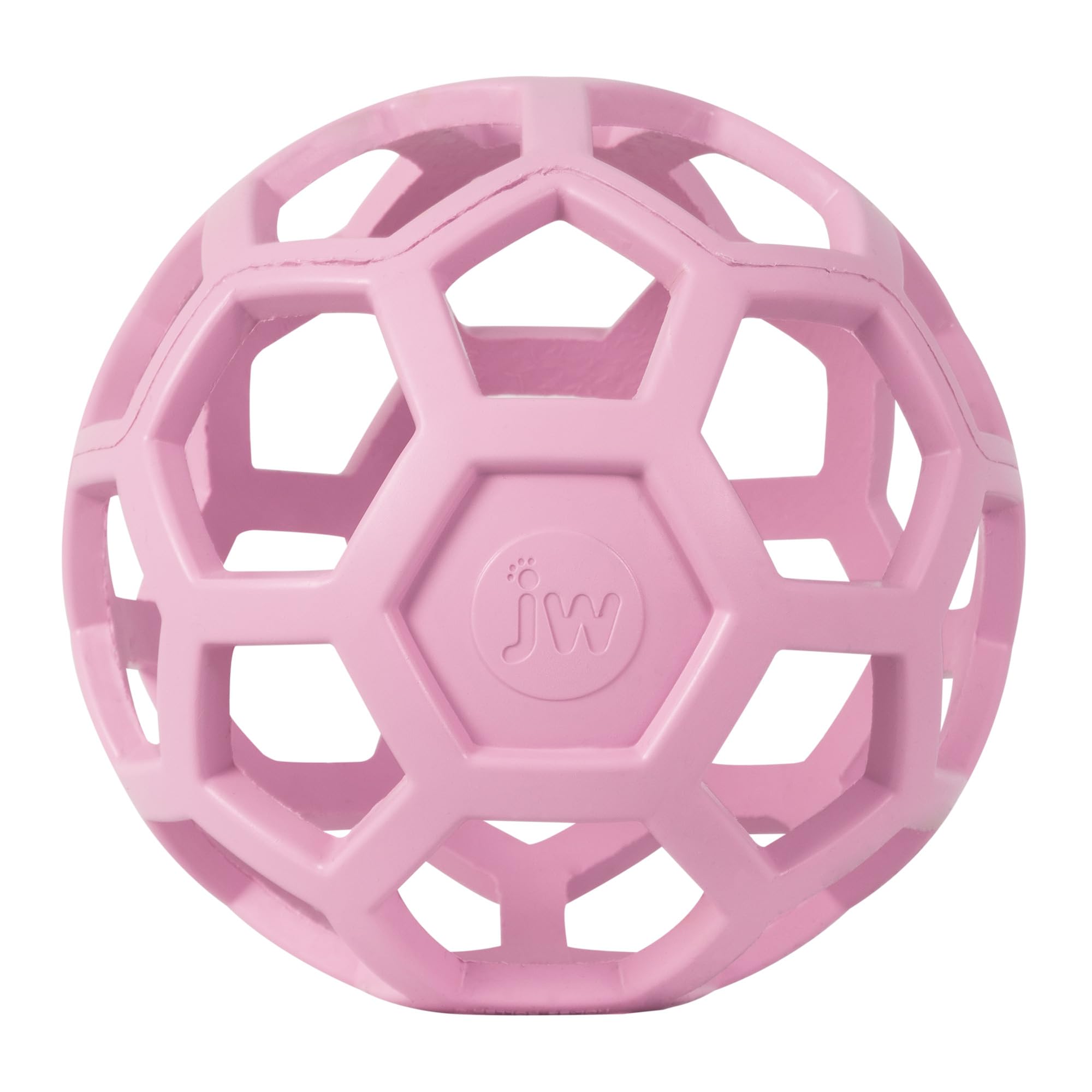 JW Hol-ee Roller, pelota puzzle rosa para perros, estimula resolución de problemas durante el juego.