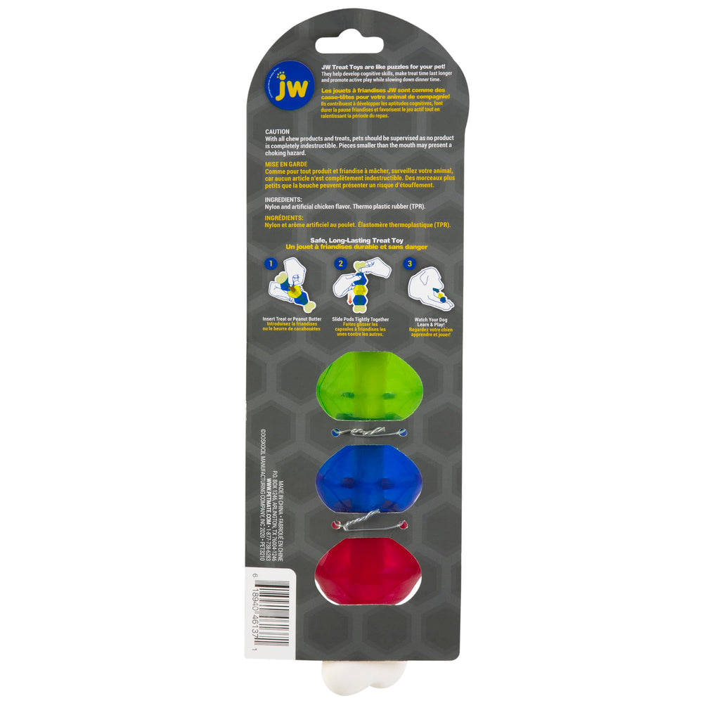 JW Pet EverTuff pods de colores naranjo verde azul para premiar