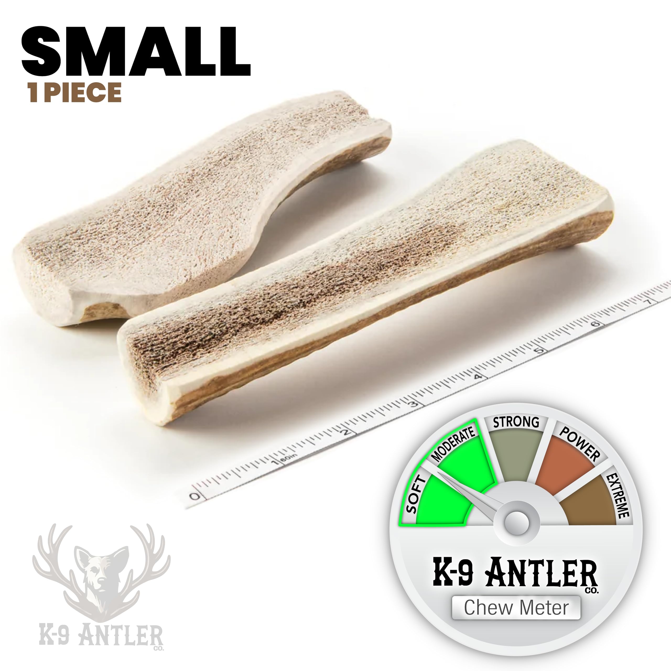 K-9 Antler Co. masa sabrosa en cuerno de alce, ideal para mordisqueo diario.