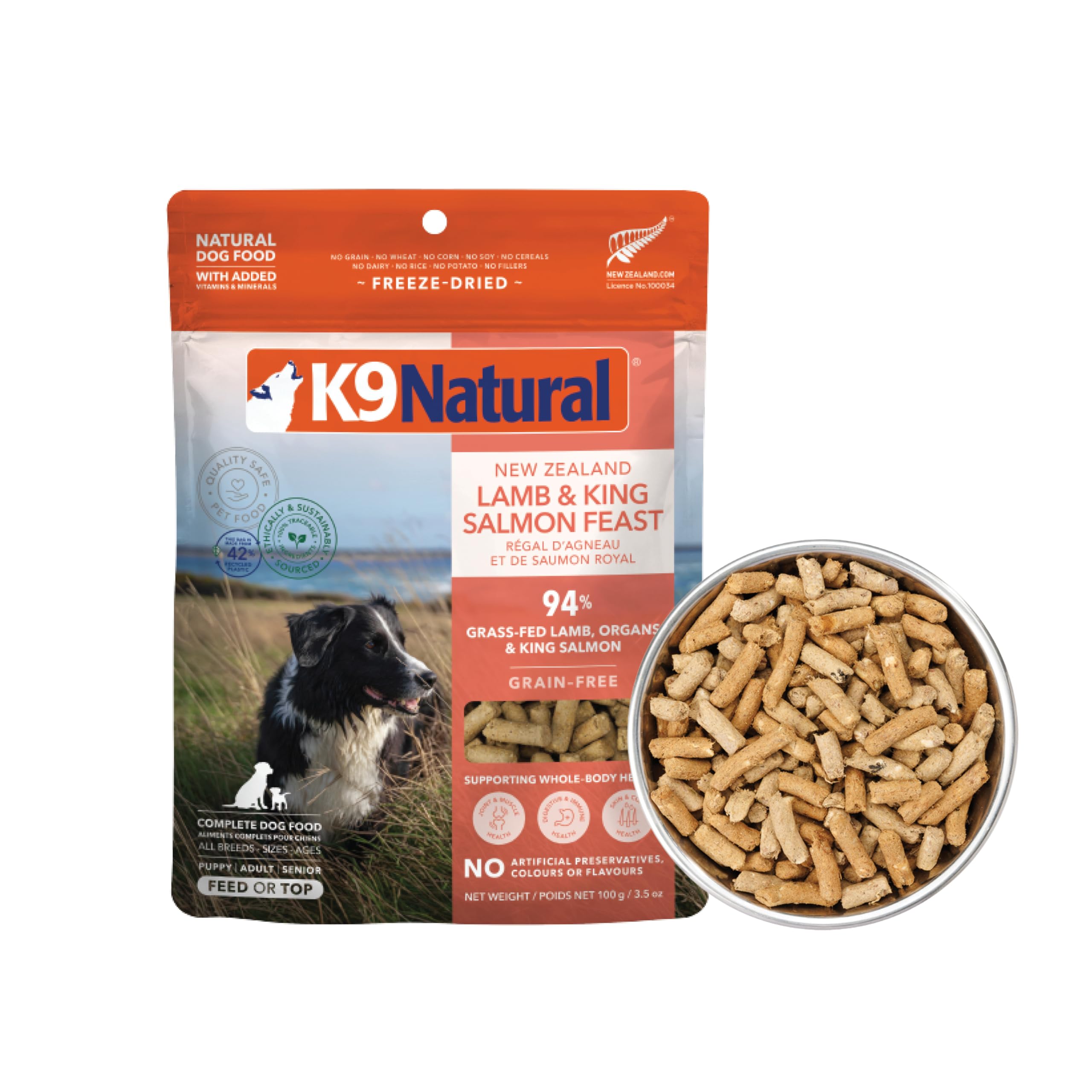 K9 Natural, bolsa cordero-salmón liofilizado, excelente fuente de proteína para perros