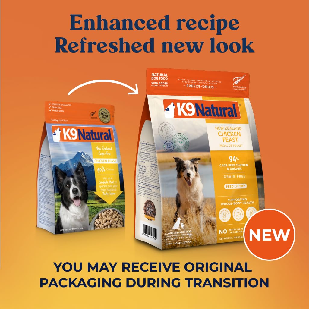 K9 Natural empaque con pollo liofilizado, fácil de almacenar