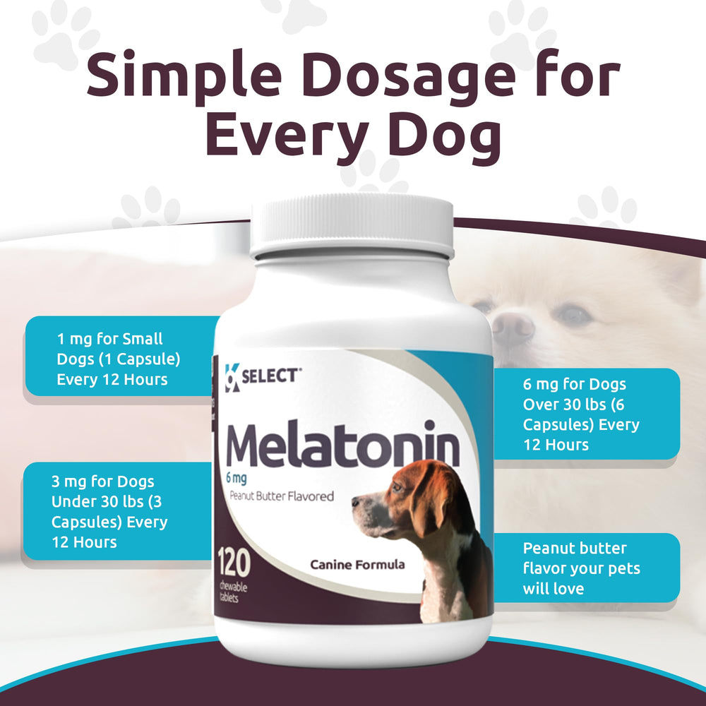 K9 Select Melatonina dosis de 6 mg, fácil administración para la calma.