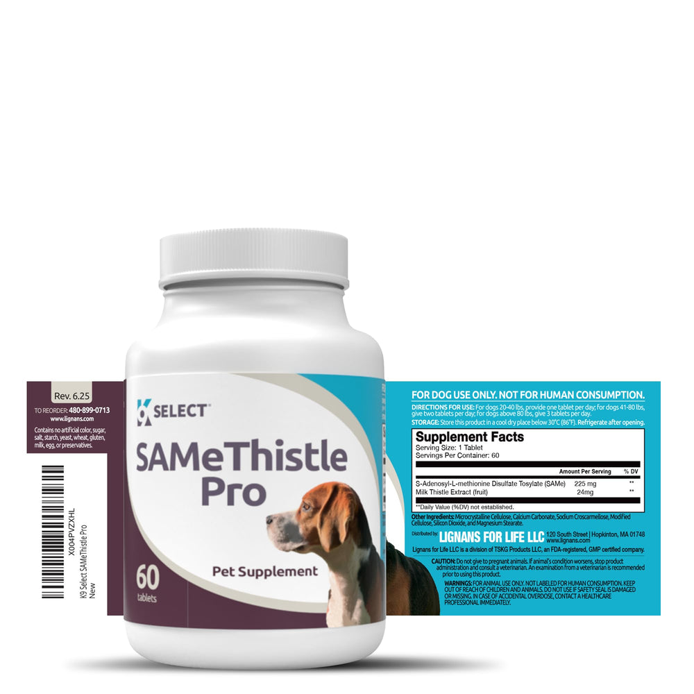 K9 Select SAMeThistle Pro etiqueta clara para informar beneficios hepáticos en perros