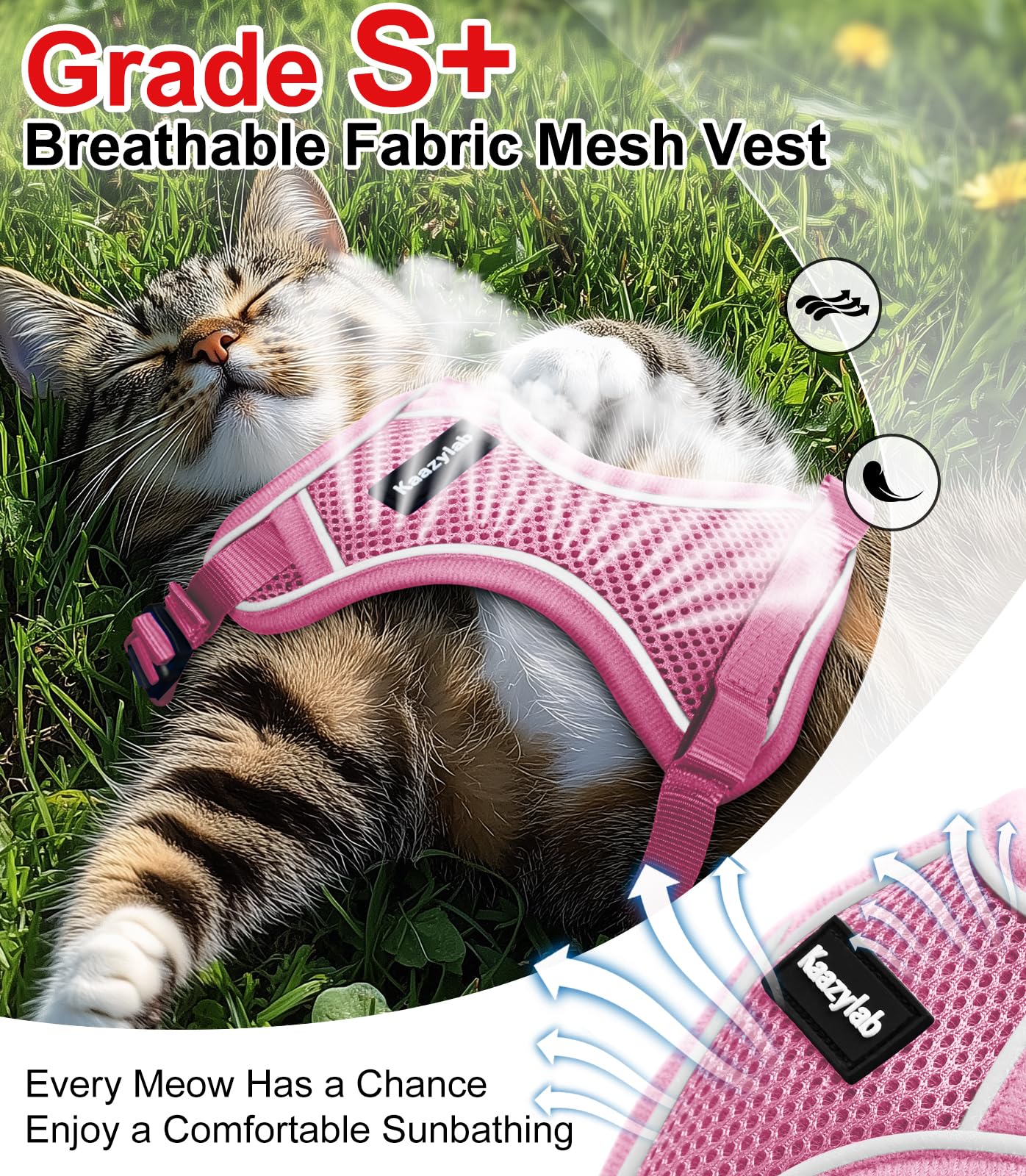 Arnés Kaazylab de malla aire-transpirable para mantener al gato fresco.