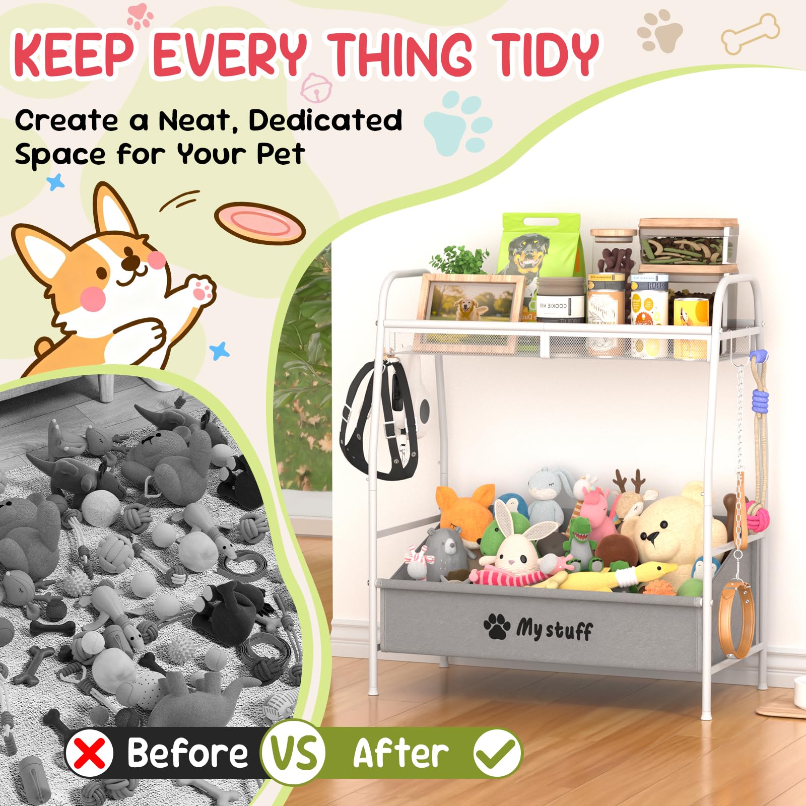 Kaiferty-almacenamiento-multiproposito-perros-y-gatos: espacio para juguetes, comida y accesorios de forma ordenada.
