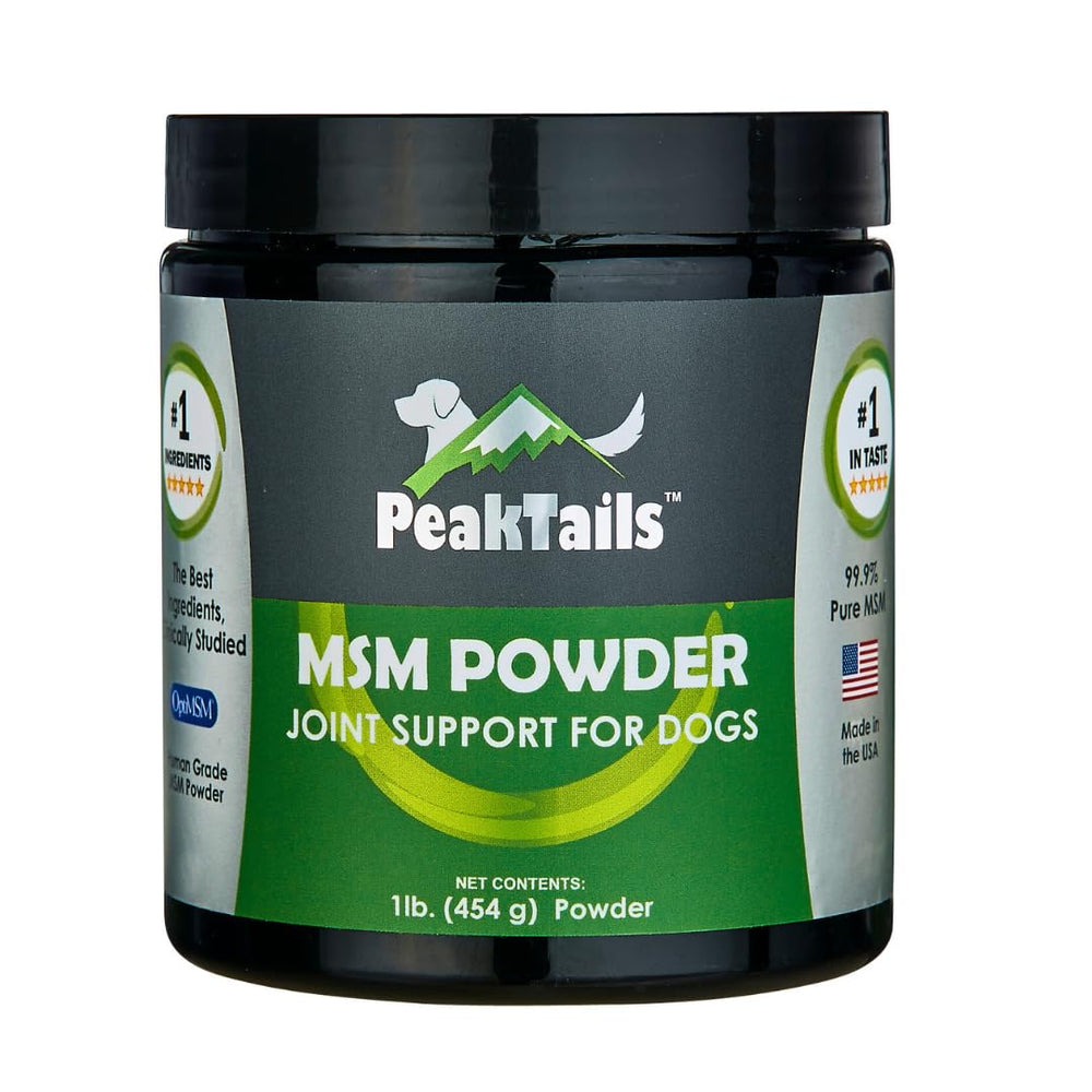 KALA HEALTH PeakTails MSM Powder para perros, botella en primer plano, facilita movilidad diaria.
