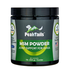 KALA HEALTH PeakTails MSM Powder para perros, botella en primer plano, facilita movilidad diaria.