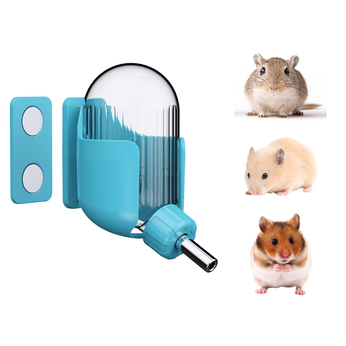Bebedero Kassiva para hamster con soporte magnético fijado a la jaula.