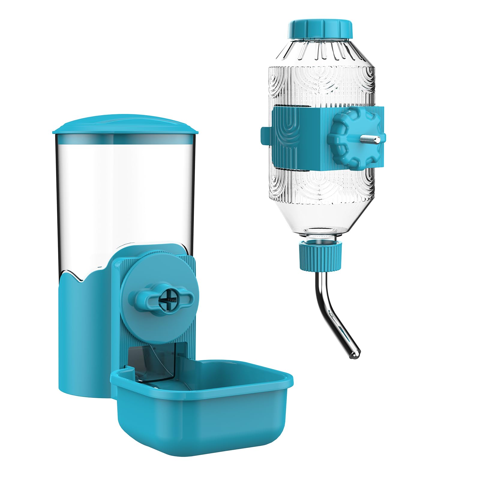 Kassiva dispensador automático de agua y alimento en jaula azul, comodidad diaria para mascotas.