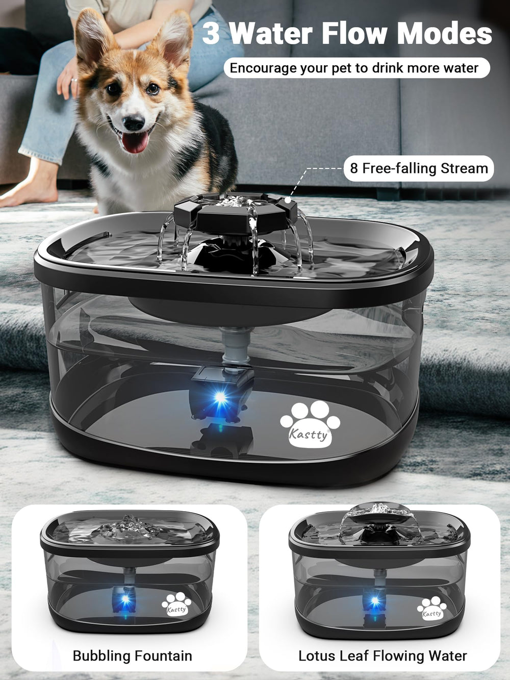 Kastty bomba inteligente silenciosa garantiza agua fresca para tus mascotas.