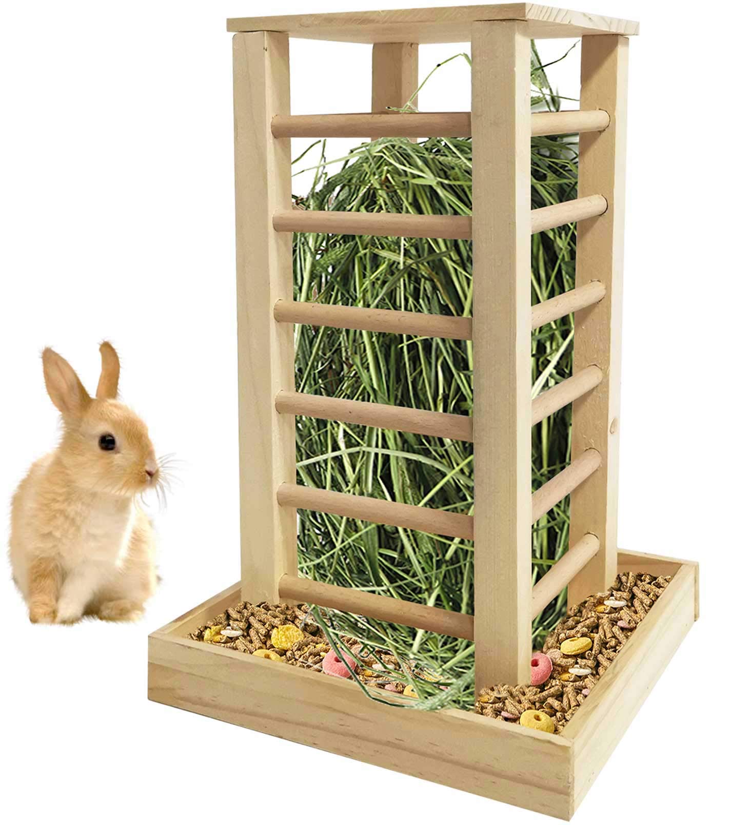 Kathson alimentador de heno de madera, vista frontal, acceso fácil para conejos y pequeñas mascotas