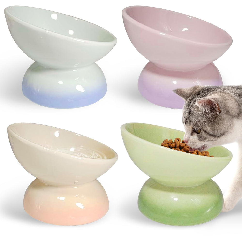 kathson cuenco cerámico elevado azul degradado para gatos, mejora la postura al comer.