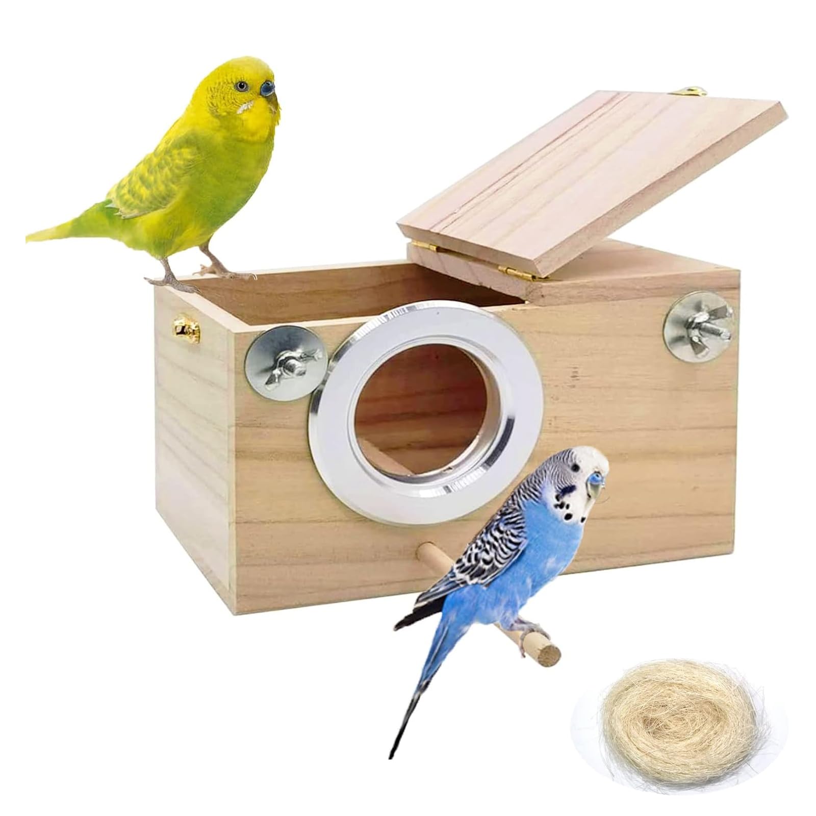 Nido kathson para periquitos, exterior de madera natural, seguro para aves.