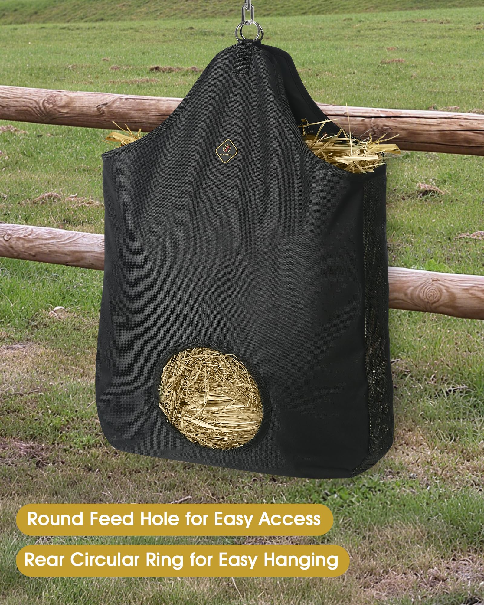 Kavallerie bolsa de heno para caballos con anillos de metal para colgar.