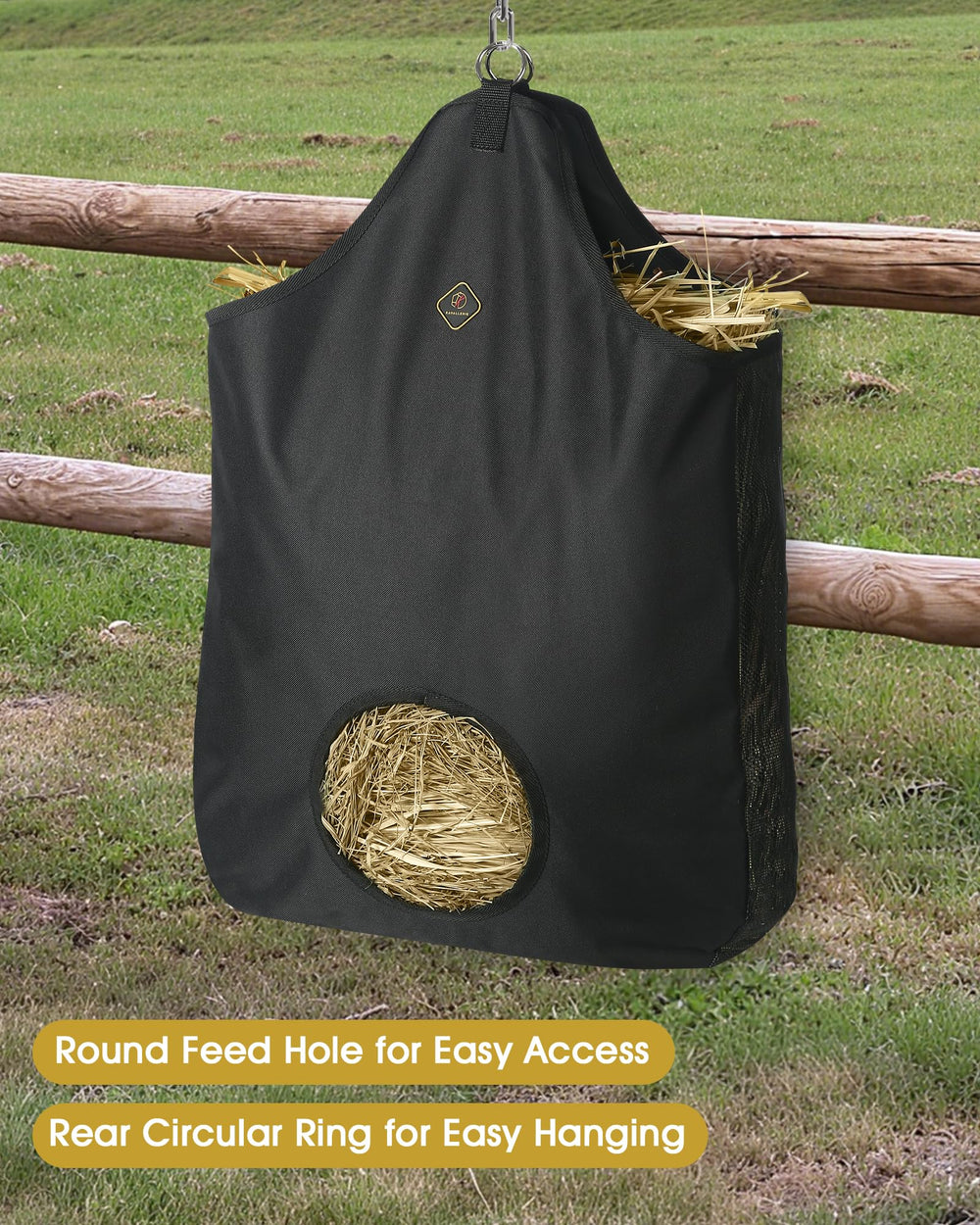 Kavallerie bolsa de heno para caballos con anillos de metal para colgar.