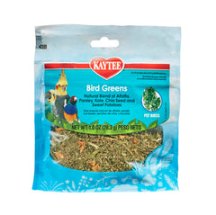 Kaytee Bird Greens, empaque práctico para aves, fácil de almacenar.