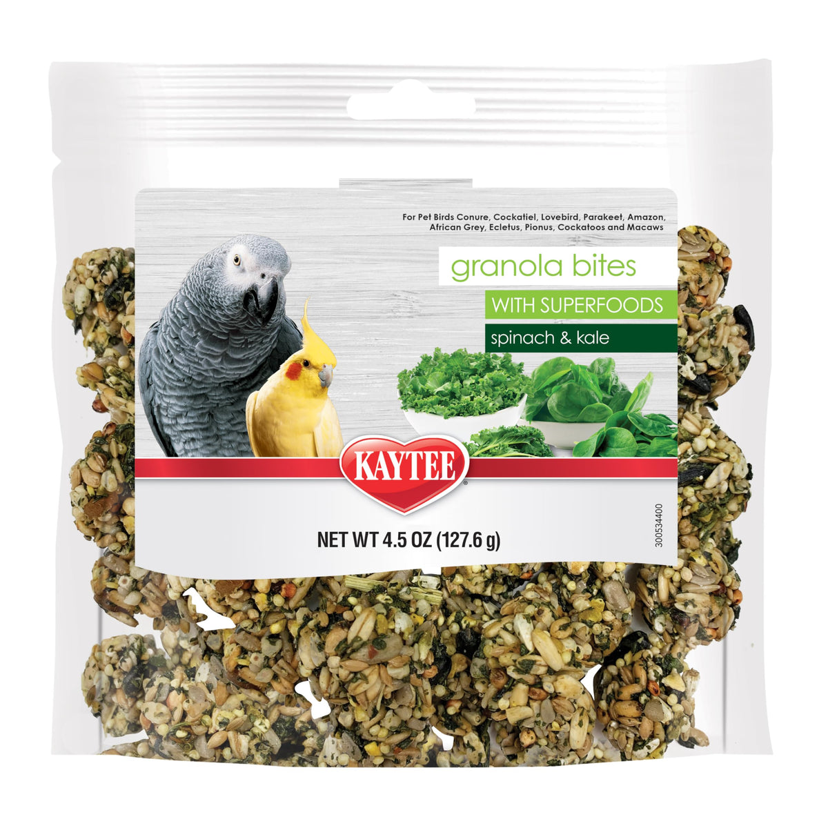 Kaytee bocaditos de granola con espinaca y col rizada, ideal para forraje en aves.