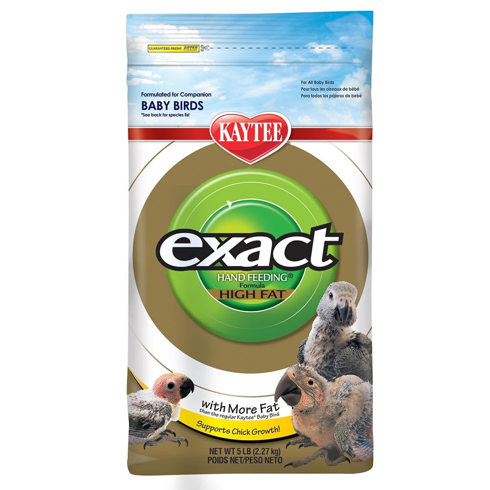 Kaytee Exact envase de 5 lb, fórmula alta en grasa para aves bebé.