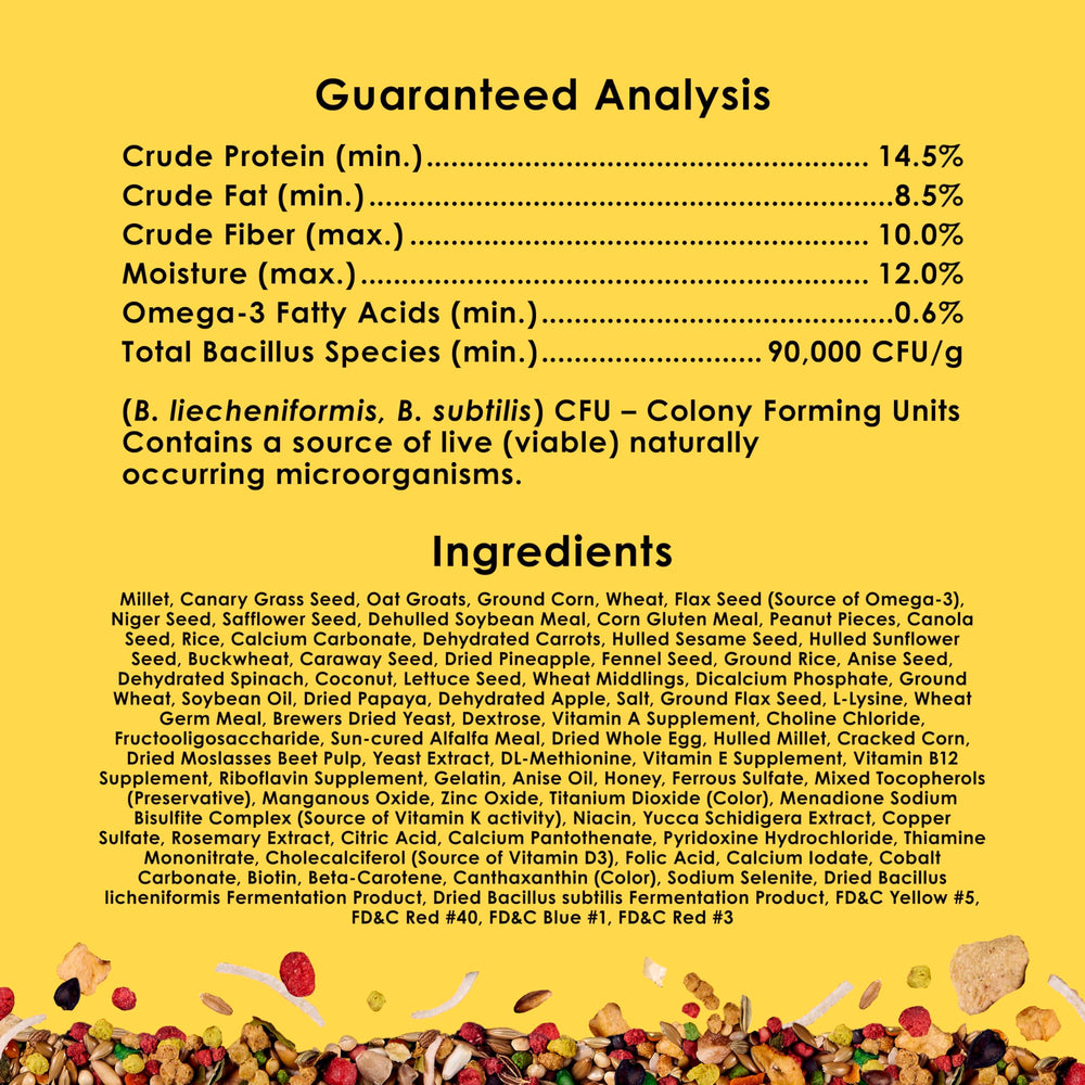 Kaytee Fiesta contiene antioxidantes y omega-3 para el bienestar general.