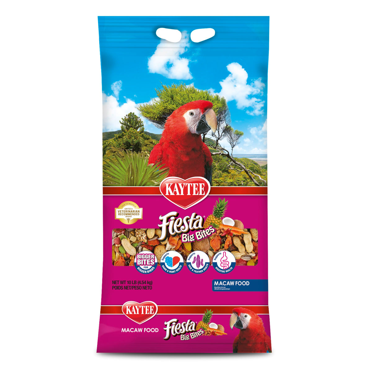 Kaytee Fiesta Big Bites: alimento para guacamayo en tazón, fomenta exploración al comer.