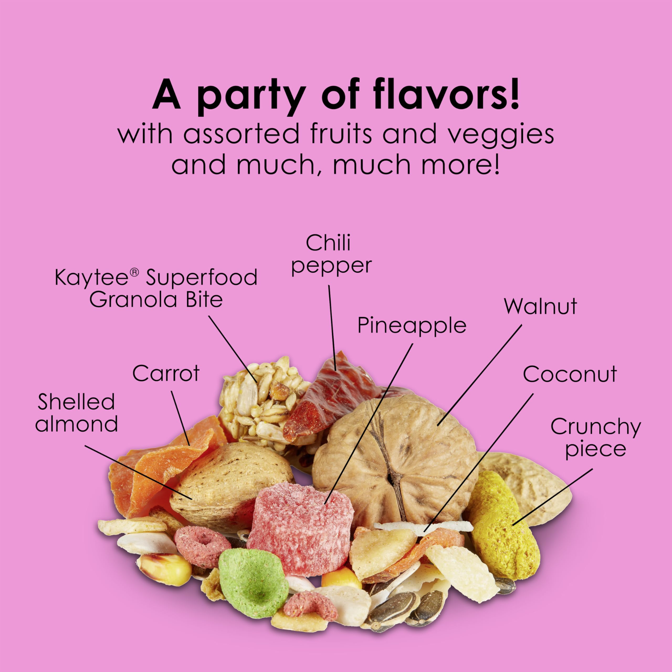 Kaytee Fiesta Big Bites: dieta gourmet para guacamayo, estimula cerebro y corazón.