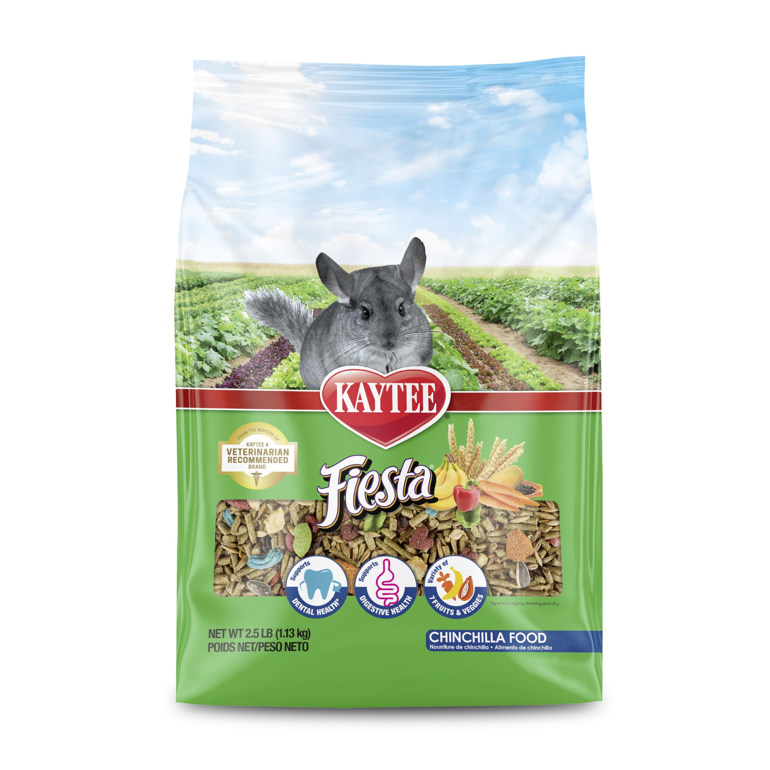 Kaytee Fiesta Chinchilla Food con variedad de frutas y verduras para una dieta equilibrada.