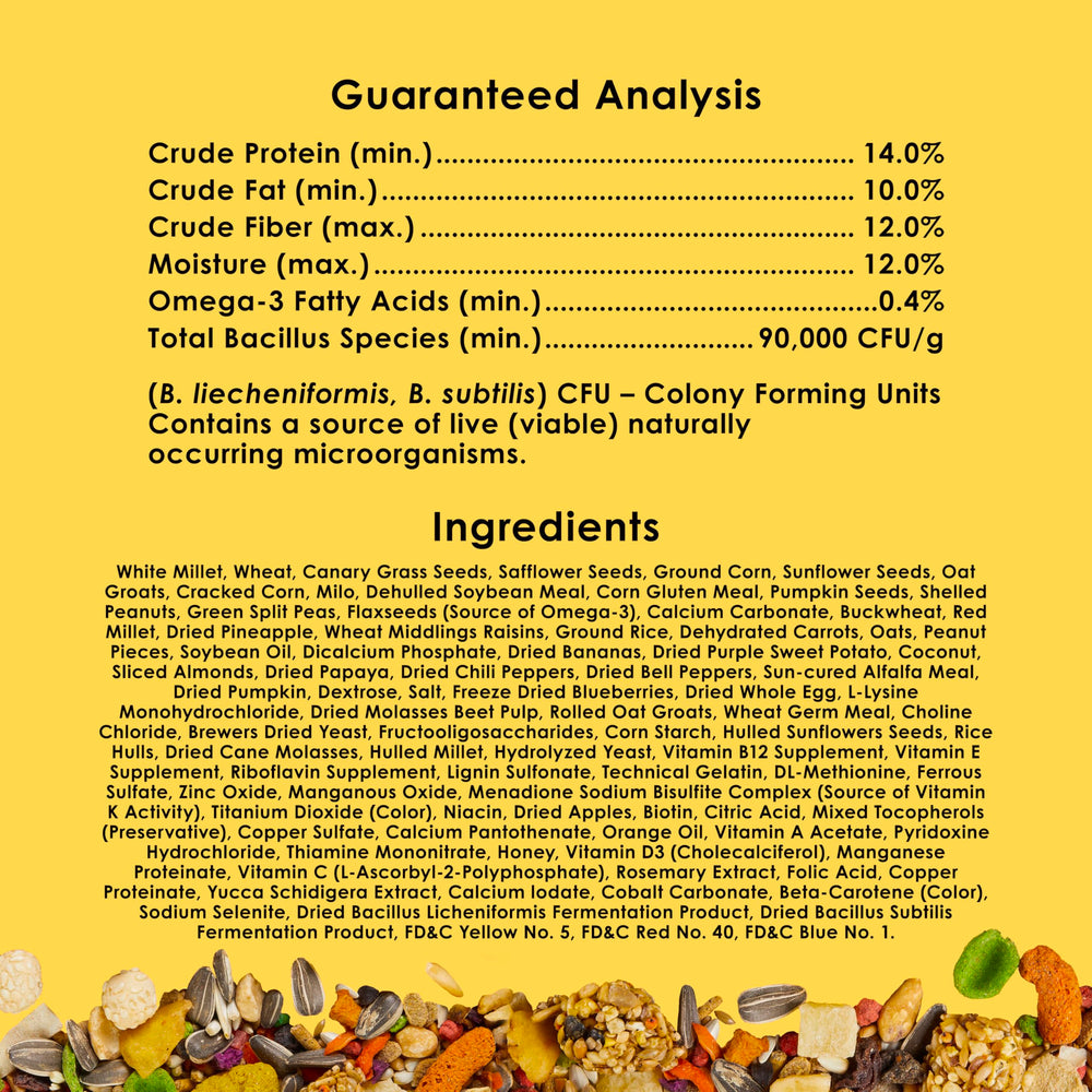 Kaytee Fiesta para Conuro: ingredientes que respaldan piel y plumaje vibrante.