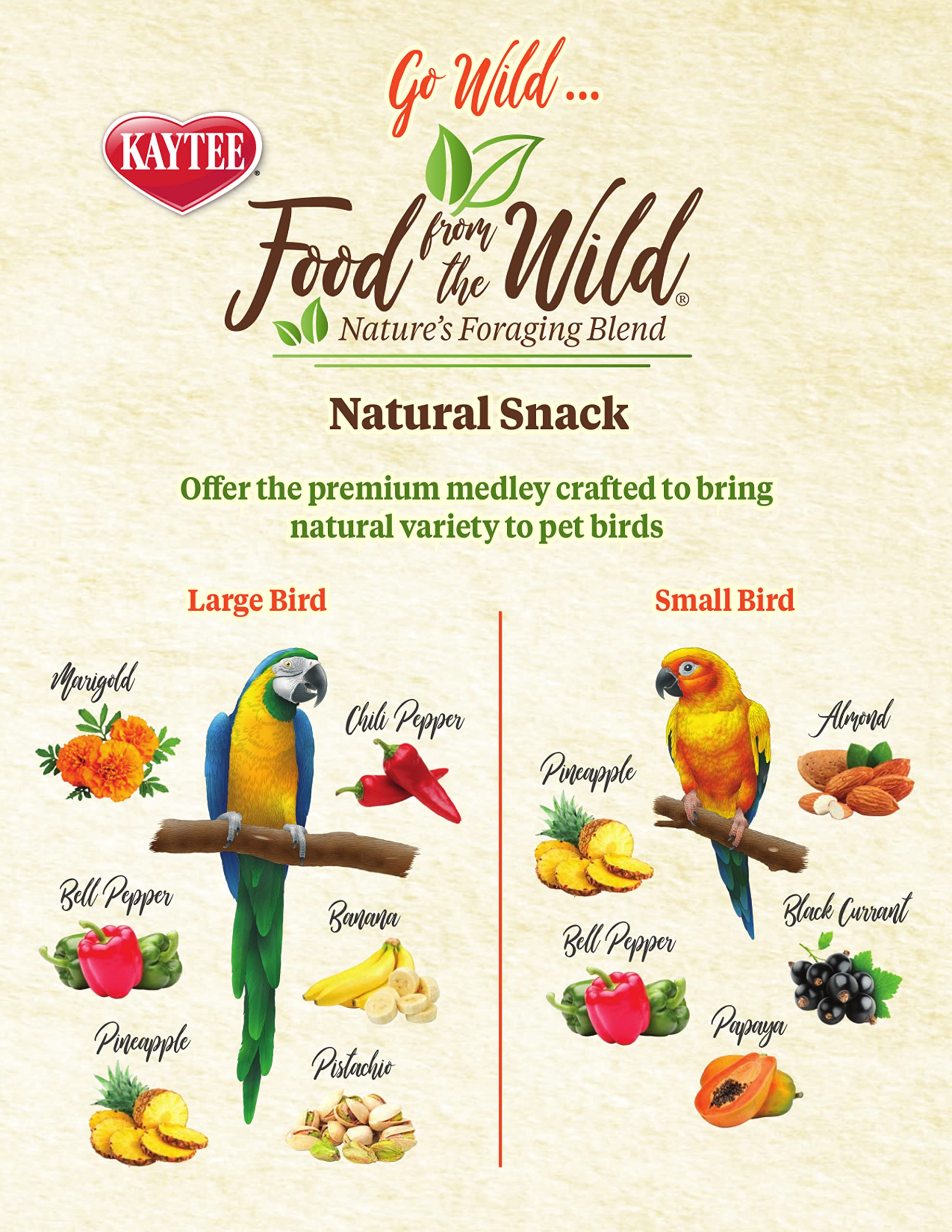 Kaytee Food From The Wild: mezcla de frutos y nueces, snack completo para aves medianas y grandes.
