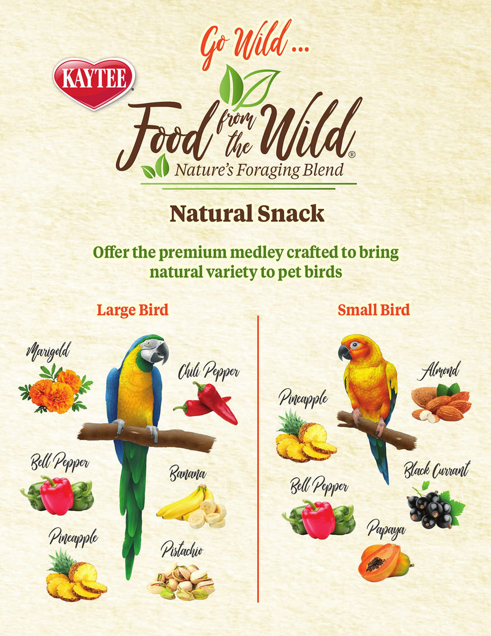 Kaytee Food From The Wild: mezcla de frutos y nueces, snack completo para aves medianas y grandes.
