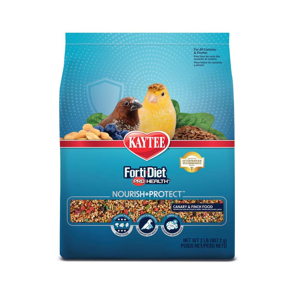 Kaytee Forti-Diet Pro Health en bolsa, alimento para canarios y pinzones que apoya plumaje saludable.