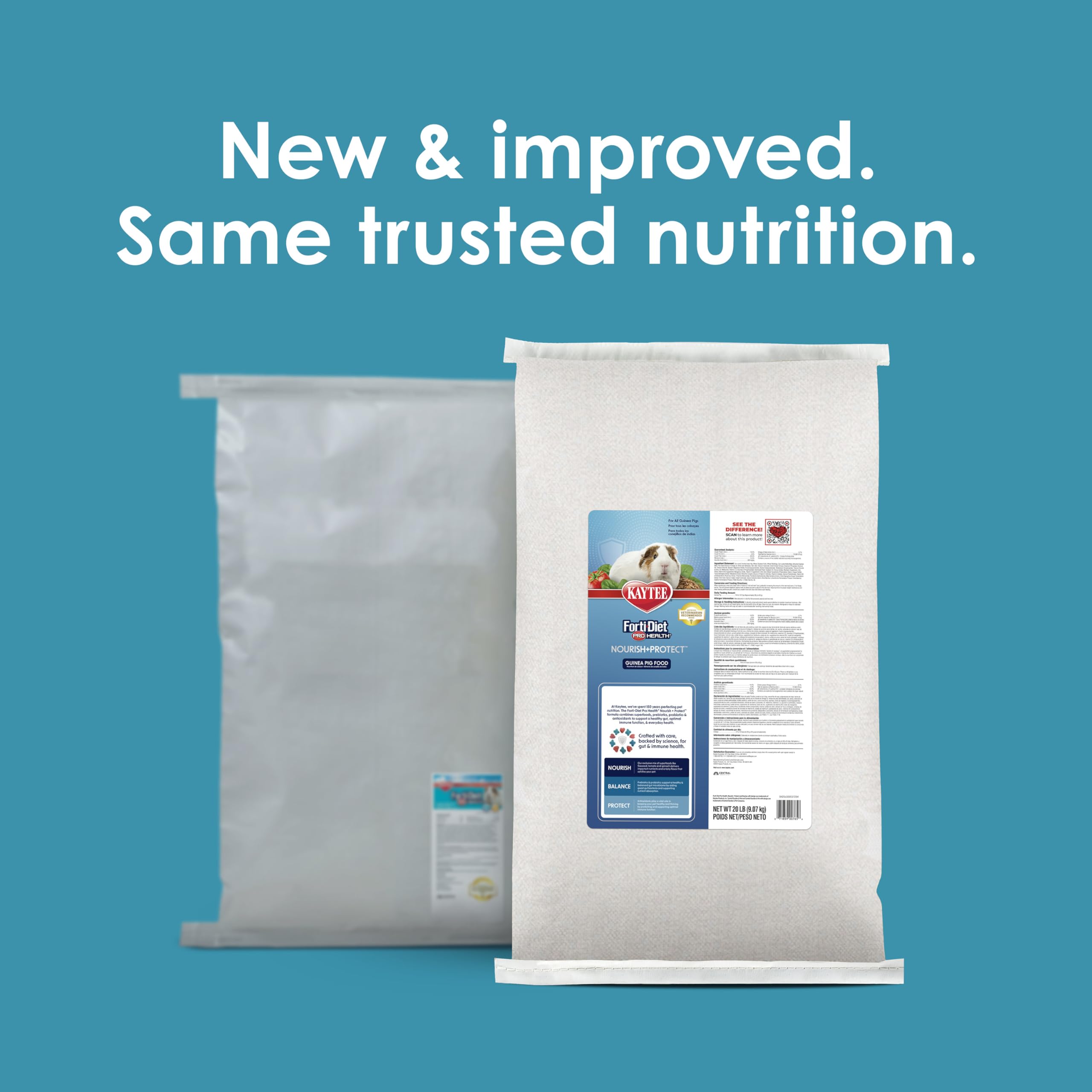 Etiqueta nutricional clara de Kaytee Forti-Diet Pro Health Nourish+Protect para consumo diario.