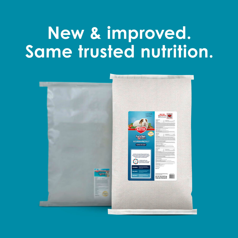 Etiqueta nutricional clara de Kaytee Forti-Diet Pro Health Nourish+Protect para consumo diario.
