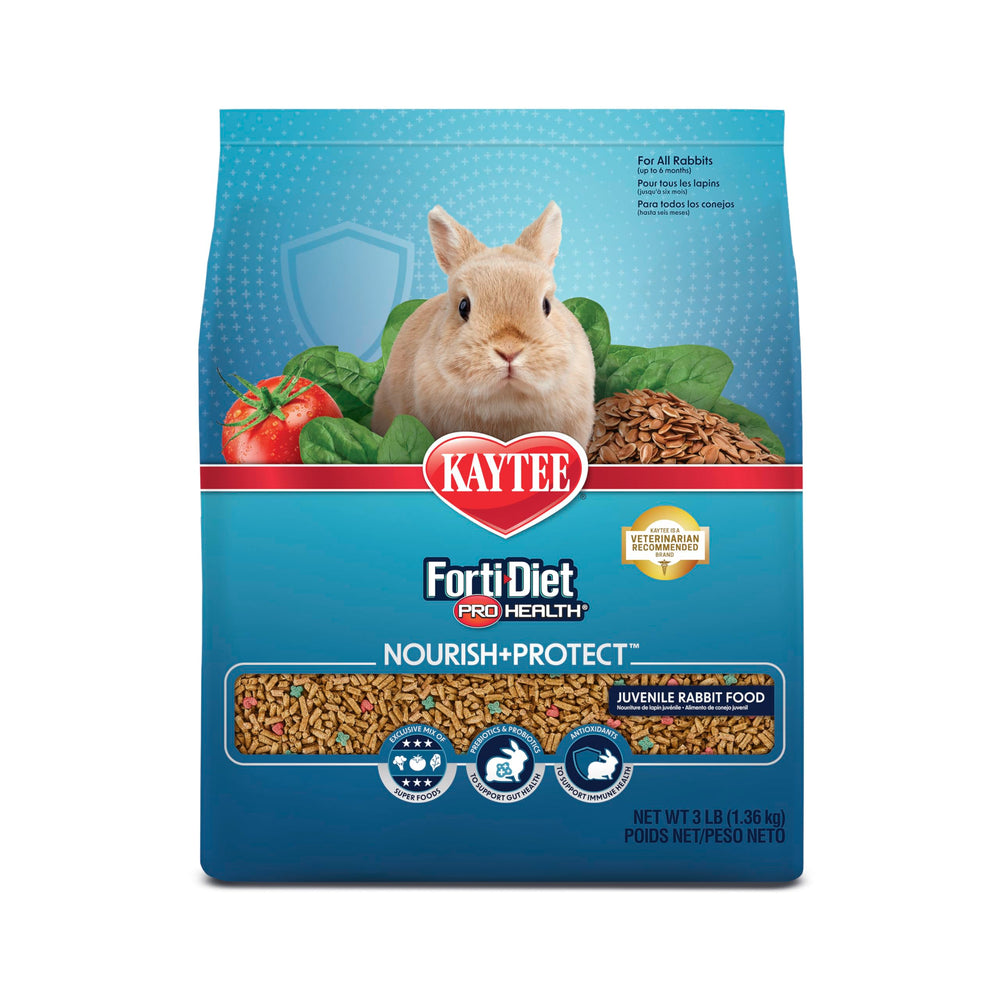 Kaytee Forti-Diet Pro Health granulos visibles para conejo joven con nutrición balanceada.