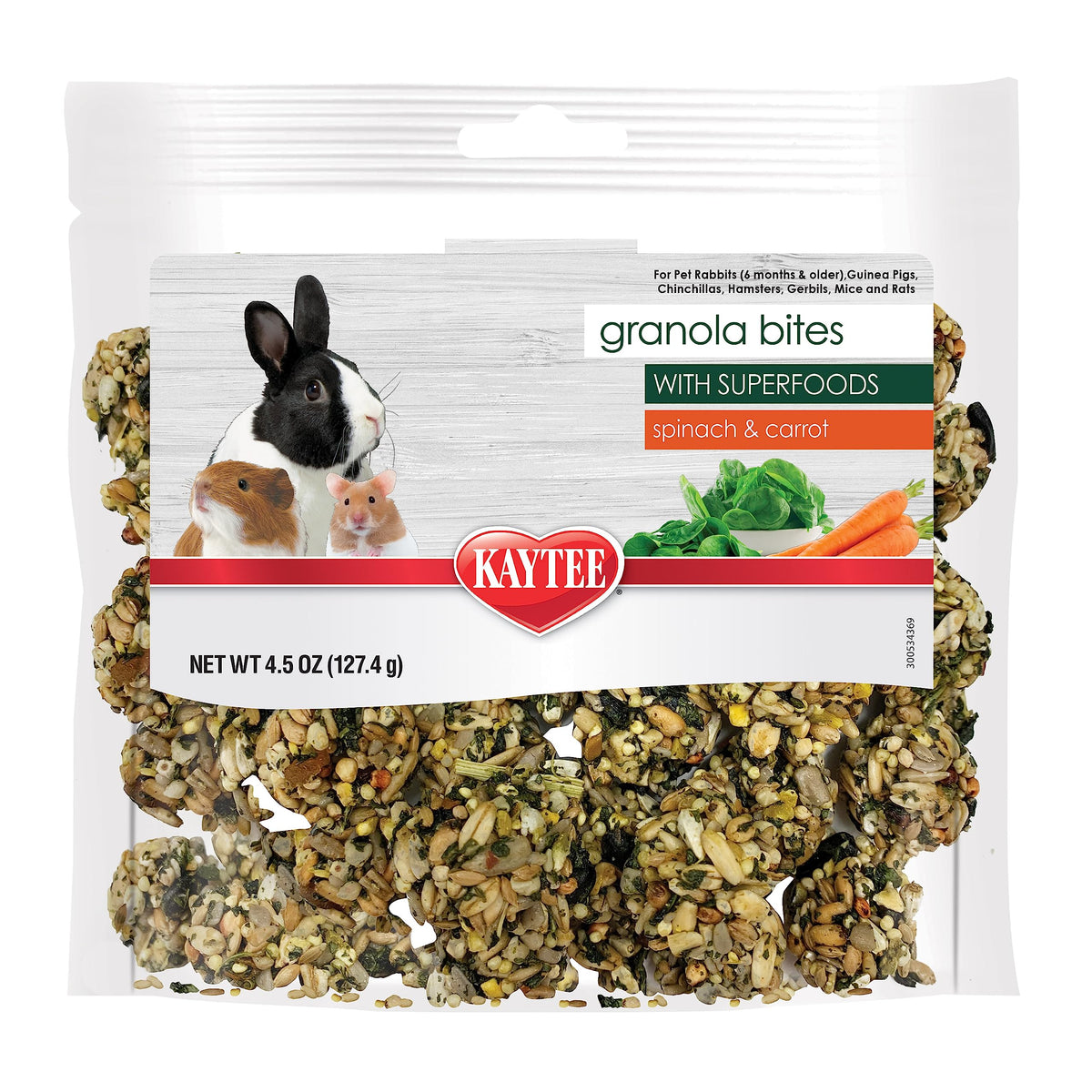 Kaytee Granola Bites con espinaca y zanahoria, empaque visible para snack diario