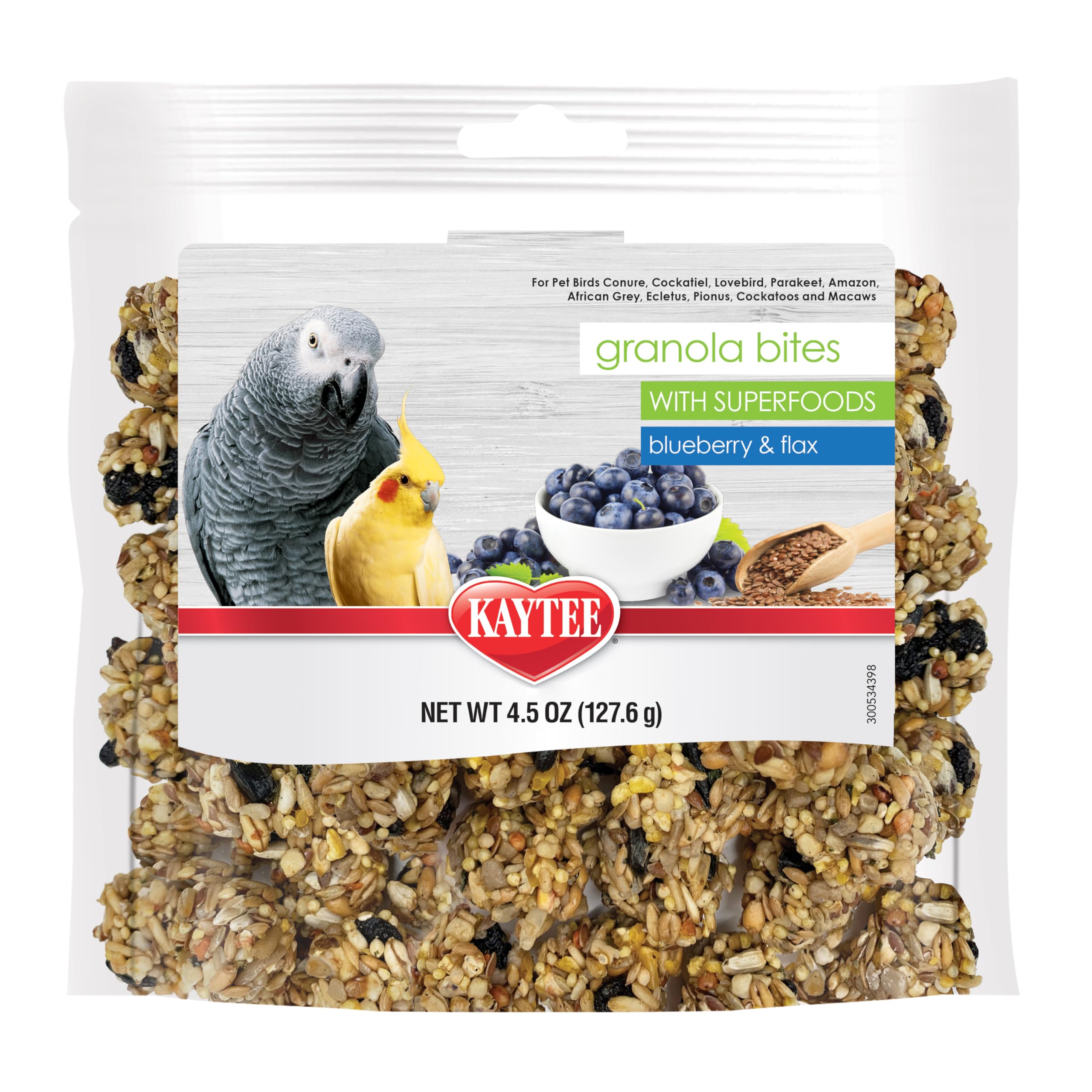 Kaytee Granola Bites, envase-frente: snack rico en superalimentos para aves.