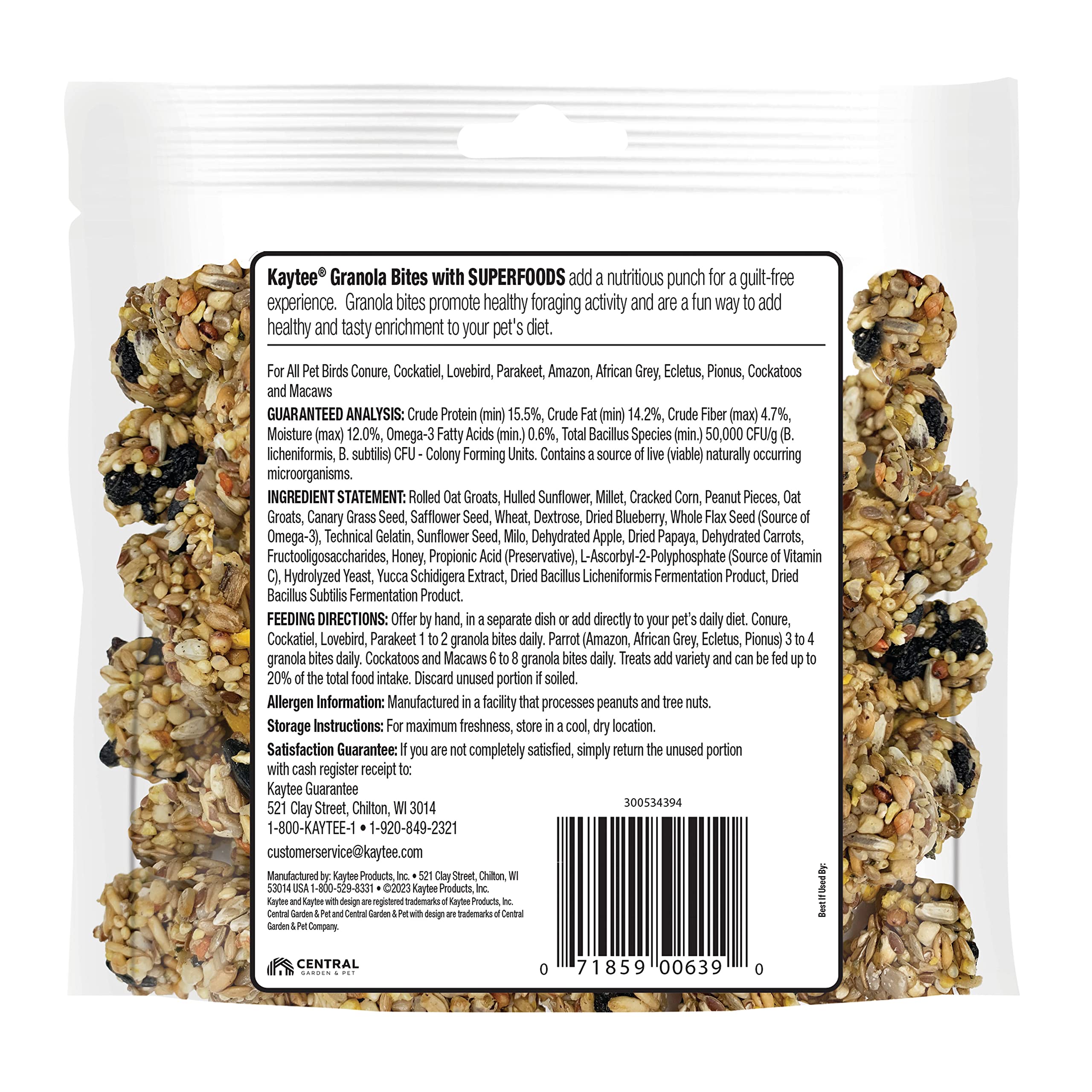 Kaytee Granola Bites, textura-bocados: textura divertida para enriquecimiento diario.