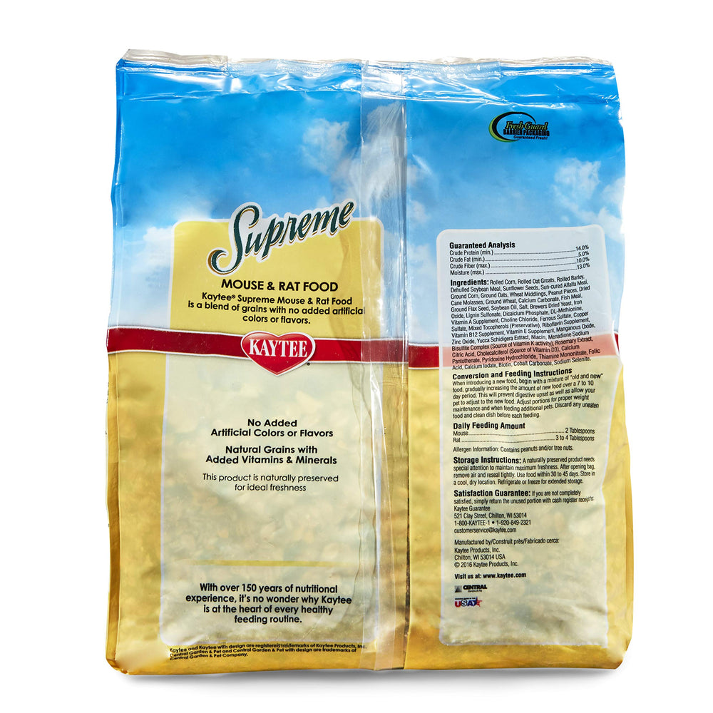 Kaytee Supreme ingredientes de alta calidad para apoyar la salud diaria de mascotas pequeñas.