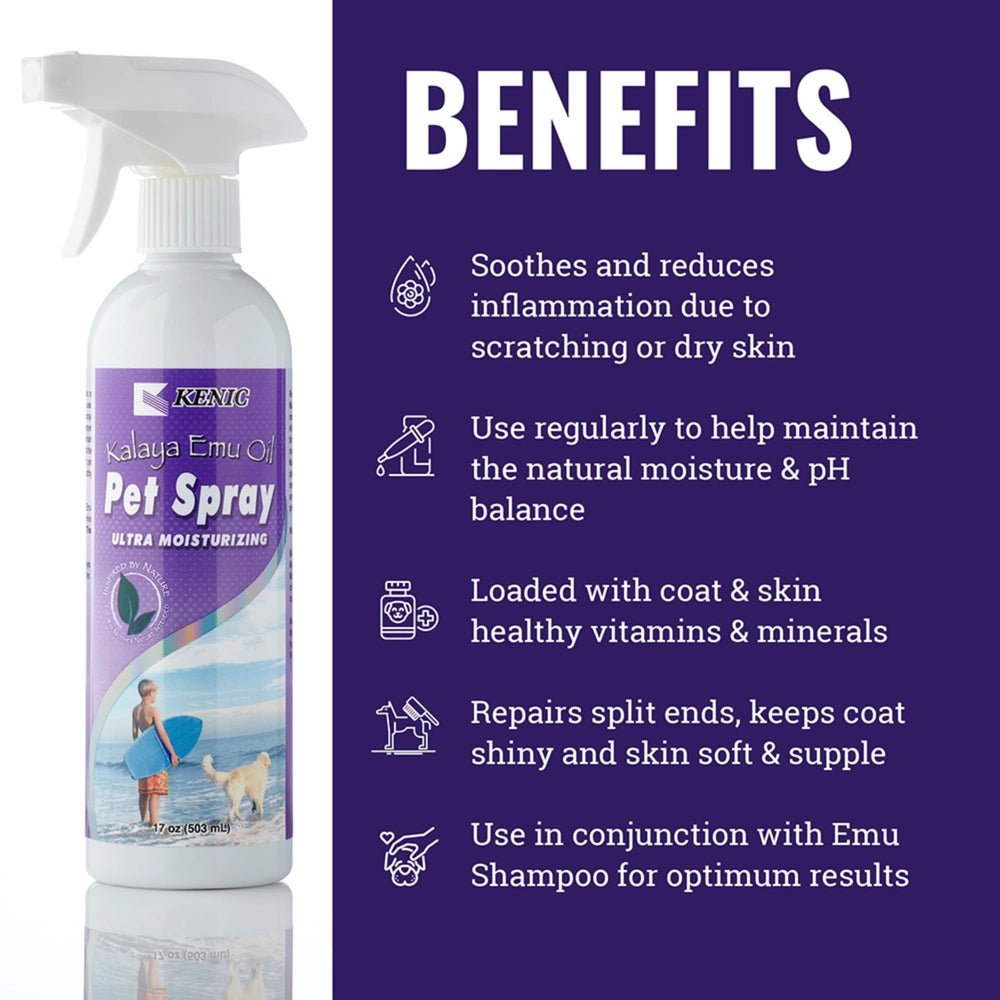 Kenic Emu Aerosol hidrata-pelaje en perros y gatos para acabado suave.