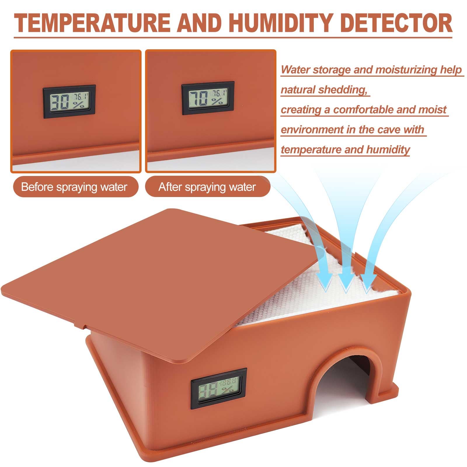 Reptil Hide de KFPSHLQE con sensor de temperatura y humedad para monitoreo.