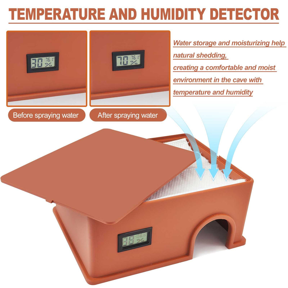 Reptil Hide de KFPSHLQE con sensor de temperatura y humedad para monitoreo.