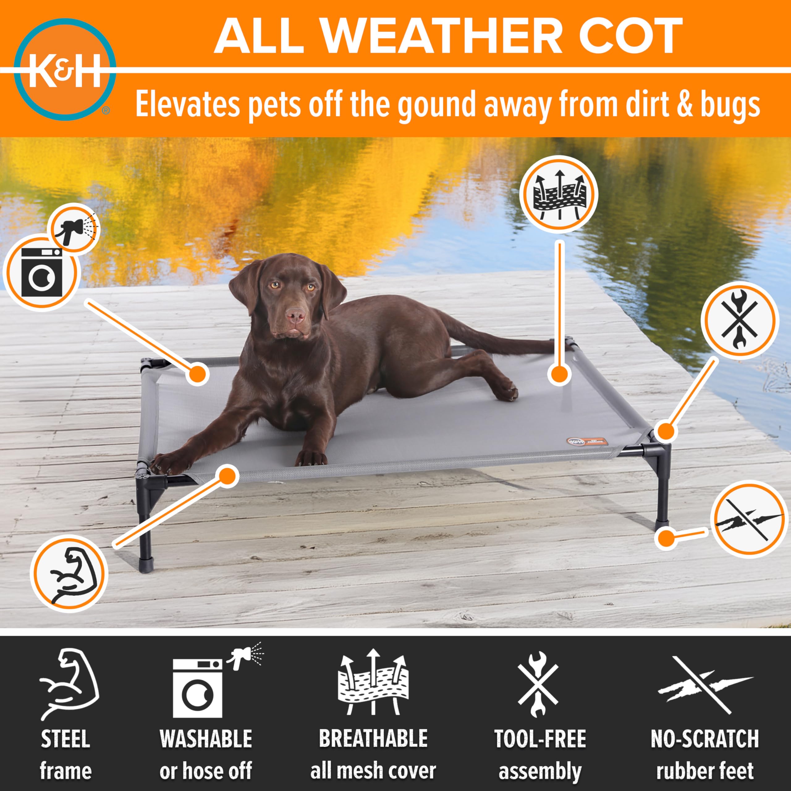 K&H Pet Products cama cot con malla transpirable para uso interior o exterior.
