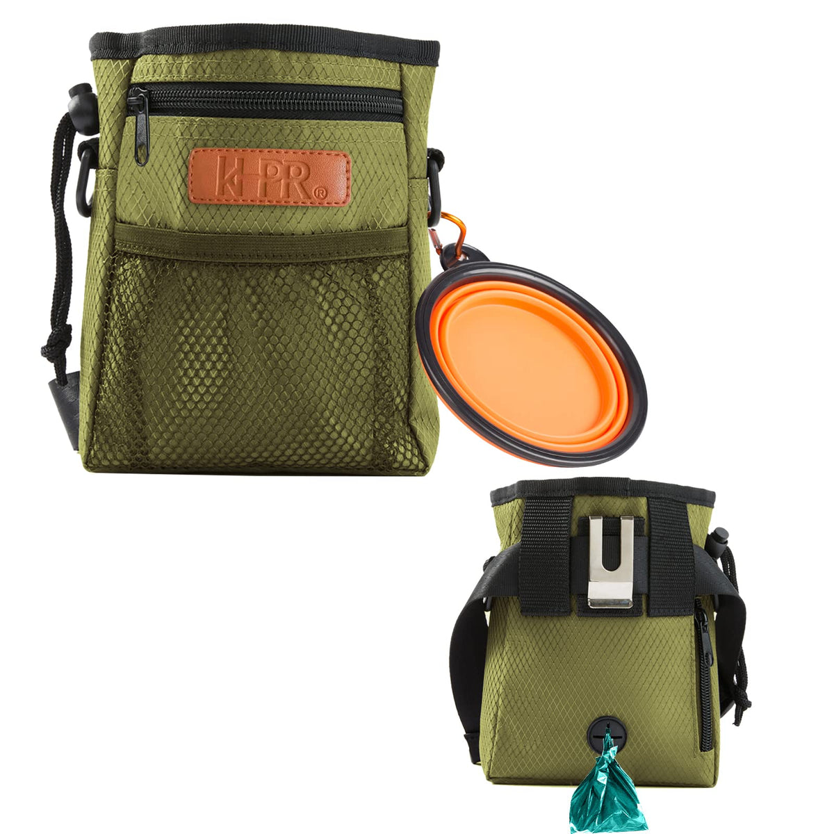 KHPR bolsa de entrenamiento para perro, enfoque en almacenamiento cómodo durante paseos.